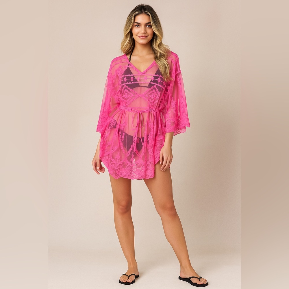 Vince Camuto Hot Pink Boho Embroidered Swim Coverup Vacation Beach Pool - Picture 13 of 15